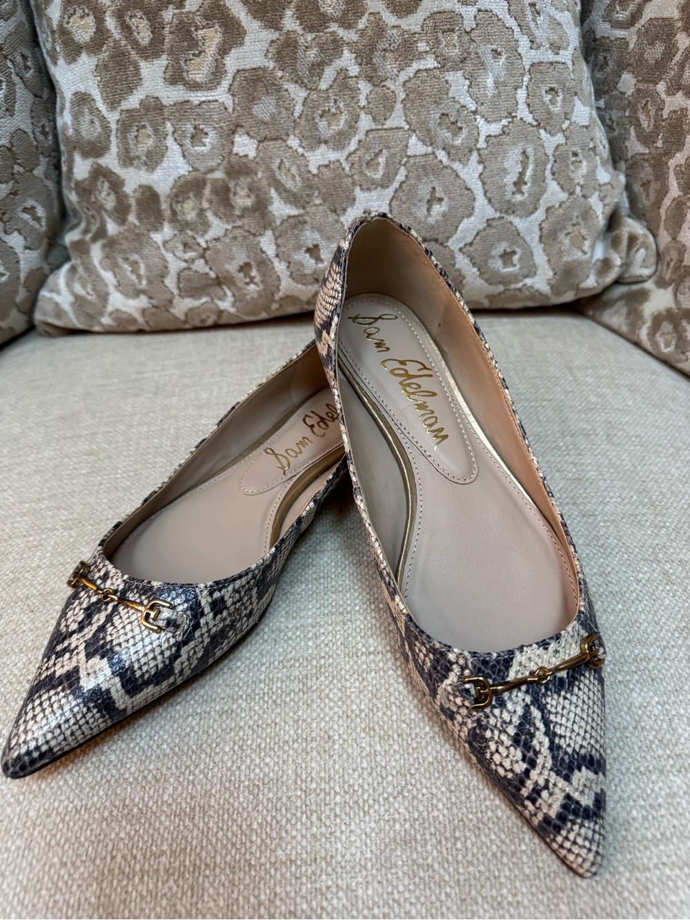 Sam Edelman | Flats | Nori | Pointed Toe | Leather | Gray-Tan Snake Print | 7.5